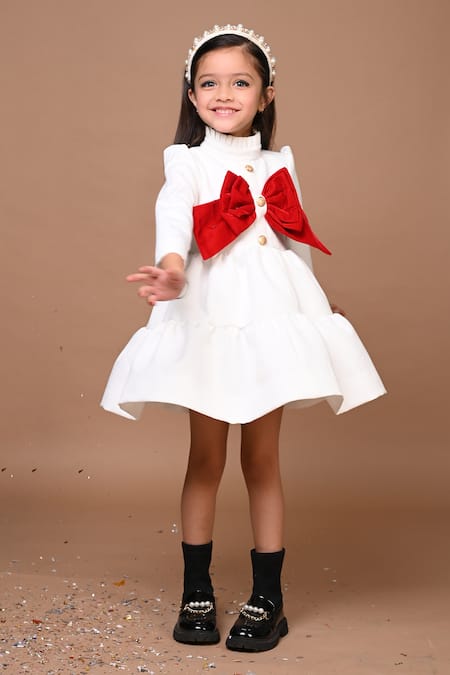 Shop Hoity Moppet White Velvet, Crepe, Satin Bows, Embroidery Tiered Dress Online at Aza Fashions Shop_Hoity Moppet_White Velvet, Crepe, Satin Bows, Embroidery Tiered Dress _Online_at_Aza_Fashions