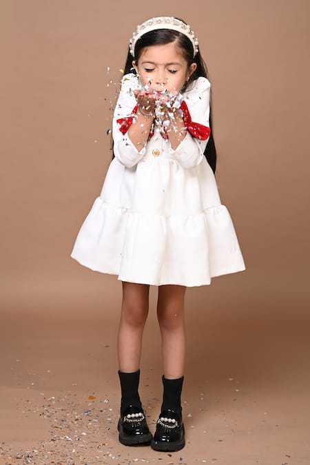Hoity Moppet White Velvet, Crepe, Satin Bows, Embroidery Tiered Dress at Aza Fashions Hoity Moppet_White Velvet, Crepe, Satin Bows, Embroidery Tiered Dress _at_Aza_Fashions