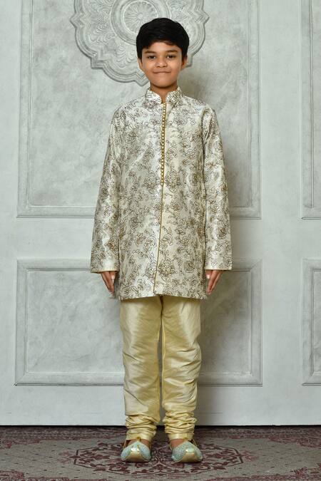 Petite Pomme_Cream Silk Embroidery Botanic Full Sleeve Kurta _Online_at_Aza_Fashions