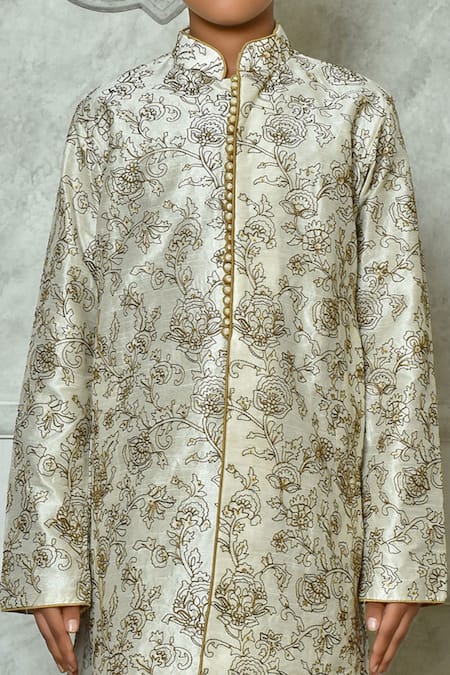 Petite Pomme_Cream Silk Embroidery Botanic Full Sleeve Kurta _at_Aza_Fashions