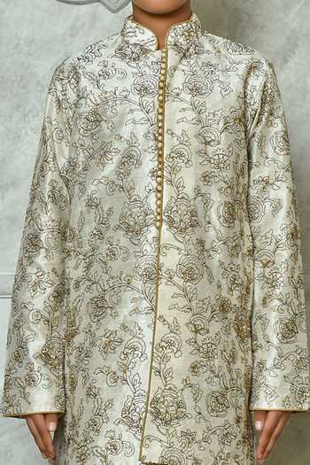Petite Pomme_Cream Silk Embroidery Botanical Kurta Set _at_Aza_Fashions