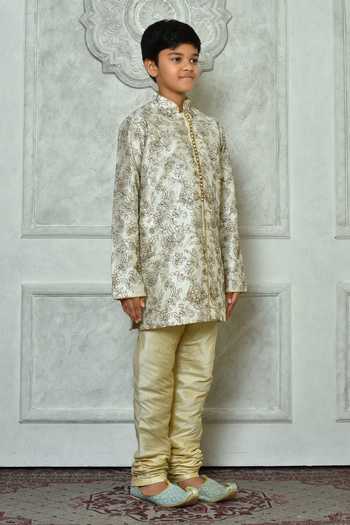 Shop_Petite Pomme_Cream Silk Embroidery Botanical Kurta Set _Online_at_Aza_Fashions