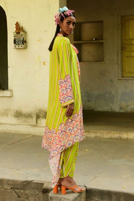 Shop_Swati Vijaivargie_Green Silk Striped Pattern Round Tunic And Dhoti Pant Set _Online_at_Aza_Fashions