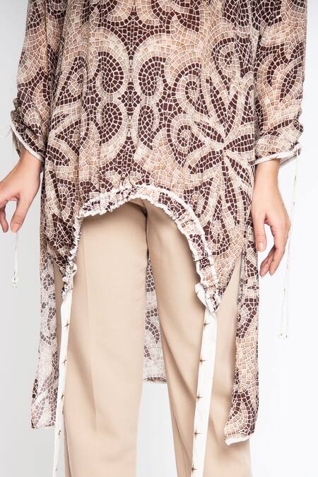 Buy Anmol Kakad Beige Crepe Embroidery Round Neck Mosaic Pattern Asymmetric Top Online at Aza Fashions Buy_Anmol Kakad_Beige Crepe Embroidery Round Neck Mosaic Pattern Asymmetric Top_Online_at_Aza_Fashions