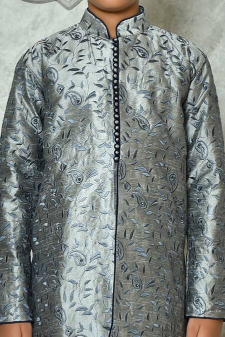Petite Pomme Grey Silk Embroidery Leaf And Paisley Pattern Full Sleeve Kurta Online at Aza Fashions Petite Pomme_Grey Silk Embroidery Leaf And Paisley Pattern Full Sleeve Kurta _Online_at_Aza_Fashions