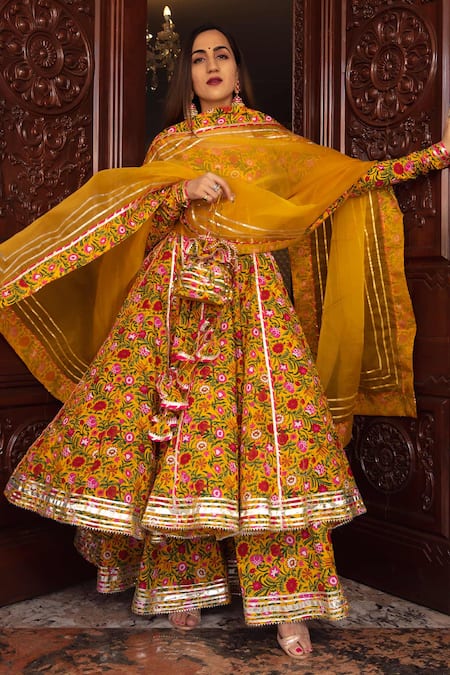 Buy_Pomcha Jaipur_Yellow Anarkali And Palazzo Cotton, Dupatta Mastani Botanical Print Set _Online_at_Aza_Fashions