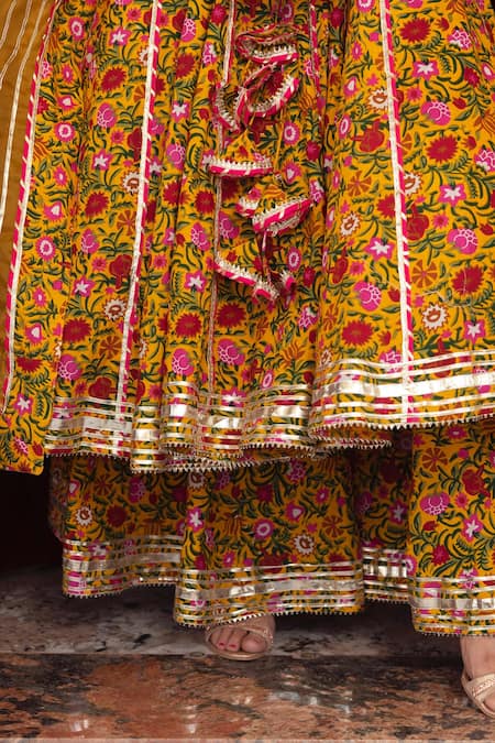 Shop_Pomcha Jaipur_Yellow Anarkali And Palazzo Cotton, Dupatta Mastani Botanical Print Set _Online_at_Aza_Fashions