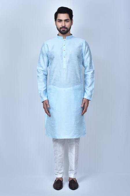 Shop_Arihant Rai Sinha_Sky Blue Jacquard, Silk Embroidery Woven Bundi And Kurta Set _Online_at_Aza_Fashions