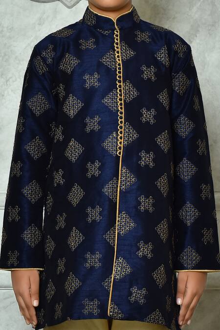 Petite Pomme Blue Silk Embroidery Floret Kurta Online at Aza Fashions Petite Pomme_Blue Silk Embroidery Floret Kurta _Online_at_Aza_Fashions