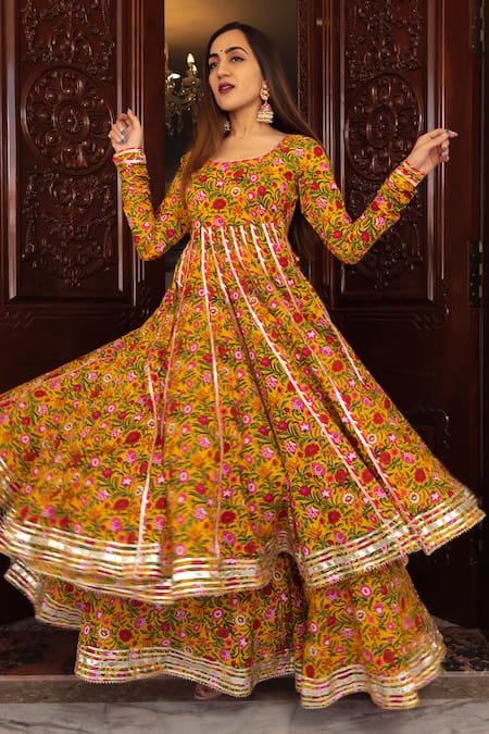 Pomcha Jaipur_Yellow Anarkali And Palazzo Cotton, Dupatta Mastani Botanical Print Set _at_Aza_Fashions
