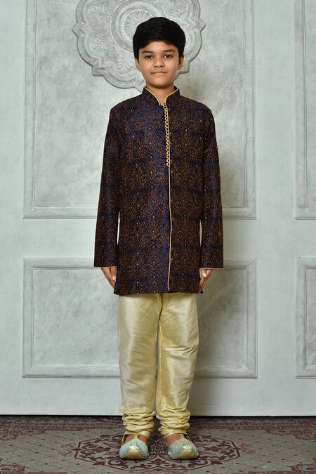 Shop_Petite Pomme_Blue Silk Embroidery Floral Kurta And Churidar Set _Online_at_Aza_Fashions