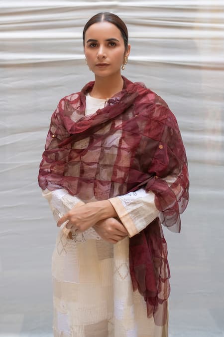 Priyanka Raajiv_Maroon Abhilasha Patch Work Stole _at_Aza_Fashions
