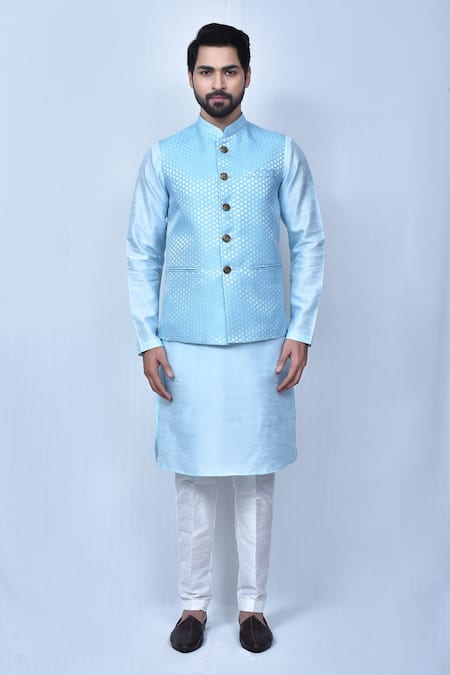 Arihant Rai Sinha_Sky Blue Jacquard, Silk Embroidery Woven Bundi And Kurta Set _at_Aza_Fashions