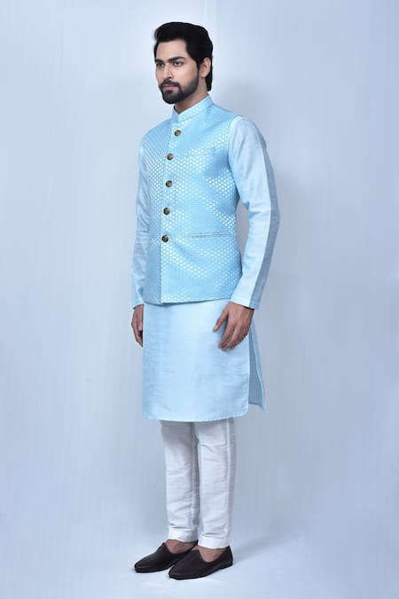 Buy_Arihant Rai Sinha_Sky Blue Jacquard, Silk Embroidery Woven Bundi And Kurta Set 