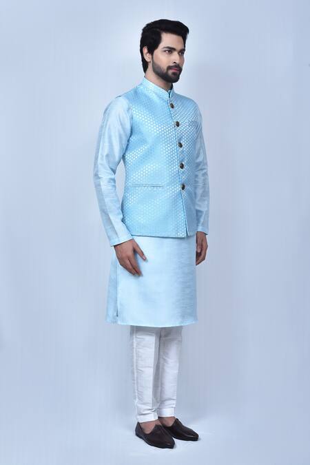 Shop_Arihant Rai Sinha_Sky Blue Jacquard, Silk Embroidery Woven Bundi And Kurta Set 