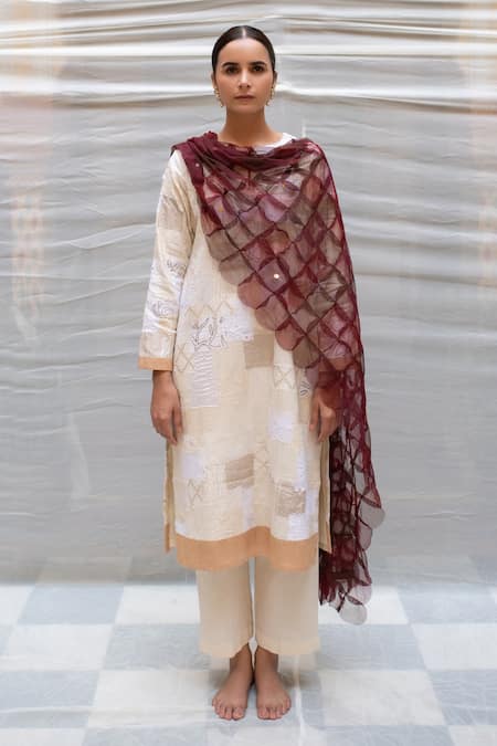 Shop_Priyanka Raajiv_Maroon Abhilasha Patch Work Stole _Online_at_Aza_Fashions