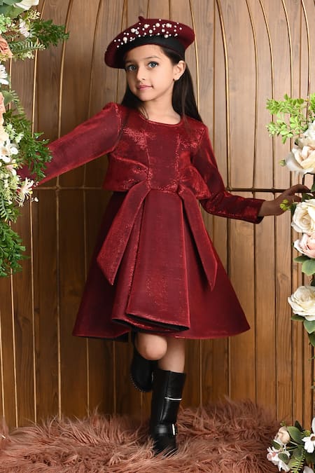 Hoity Moppet_Maroon Crepe, Satin Flared Bow Dress _Online_at_Aza_Fashions