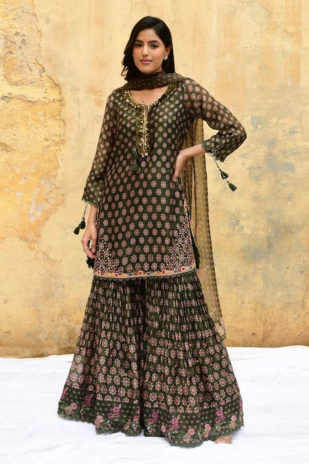 Label Niti Bothra_Green Silk, Organza Embroidery, Tassels Chandrakala Pattern Kurta Sharara Set _at_Aza_Fashions