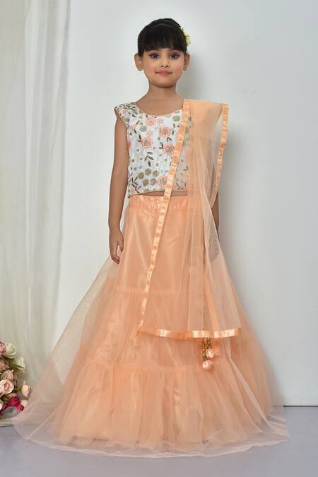 Buy_Petite Pomme_White Silk, Net Embroidery, Tassels Floral Bloom Blouse Lehenga Set_Online_at_Aza_Fashions