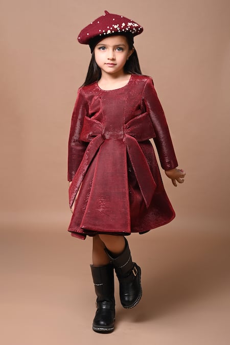 Shop_Hoity Moppet_Maroon Crepe, Satin Flared Bow Dress _Online_at_Aza_Fashions