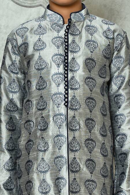 Buy Petite Pomme Grey Silk Embroidery Leaf Pattern Kurta And Churidar Set Online at Aza Fashions Buy_Petite Pomme_Grey Silk Embroidery Leaf Pattern Kurta And Churidar Set _Online_at_Aza_Fashions