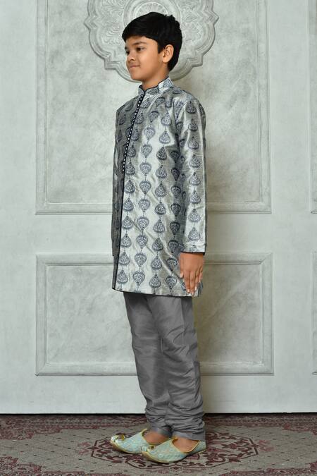 Petite Pomme Grey Silk Embroidery Leaf Pattern Kurta And Churidar Set at Aza Fashions Petite Pomme_Grey Silk Embroidery Leaf Pattern Kurta And Churidar Set _at_Aza_Fashions