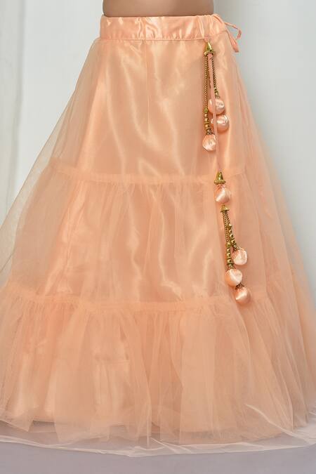 Petite Pomme_White Silk, Net Embroidery, Tassels Floral Bloom Blouse Lehenga Set_at_Aza_Fashions