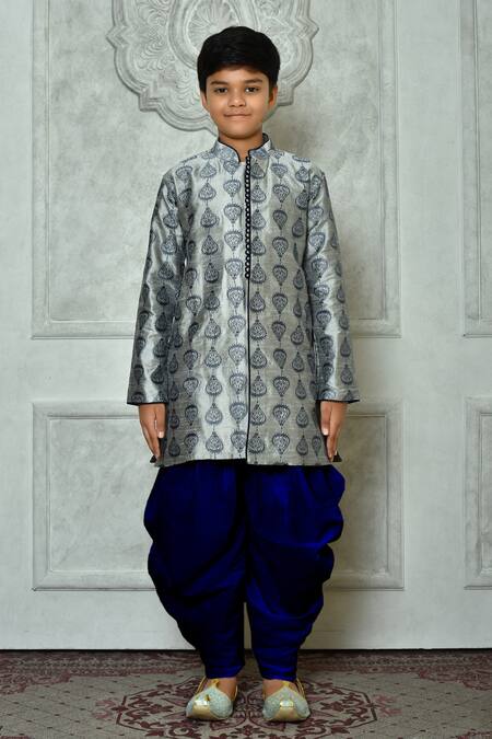 Shop_Petite Pomme_Grey Silk Embroidery Leaf Pattern Kurta And Patiala Pant Set _Online_at_Aza_Fashions