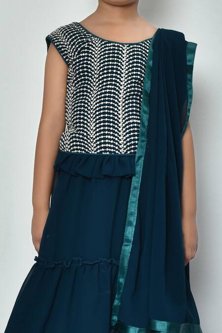 Petite Pomme_Green Georgette Sequins, Embroidery Frilled Threadwork Blouse Lehenga Set_Online_at_Aza_Fashions