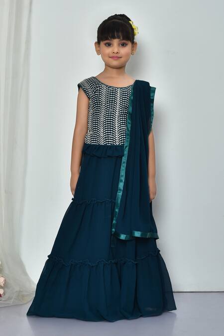 Buy_Petite Pomme_Green Georgette Sequins, Embroidery Frilled Threadwork Blouse Lehenga Set_Online_at_Aza_Fashions