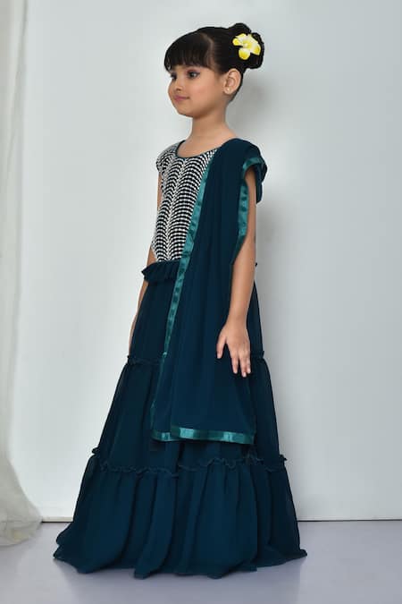 Shop_Petite Pomme_Green Georgette Sequins, Embroidery Frilled Threadwork Blouse Lehenga Set_Online_at_Aza_Fashions
