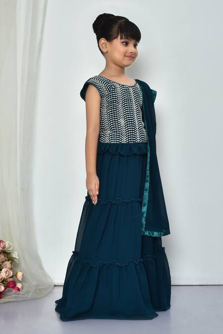 Petite Pomme_Green Georgette Sequins, Embroidery Frilled Threadwork Blouse Lehenga Set_at_Aza_Fashions