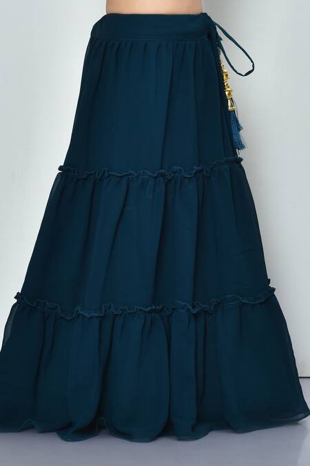 Buy_Petite Pomme_Green Georgette Sequins, Embroidery Frilled Threadwork Blouse Lehenga Set