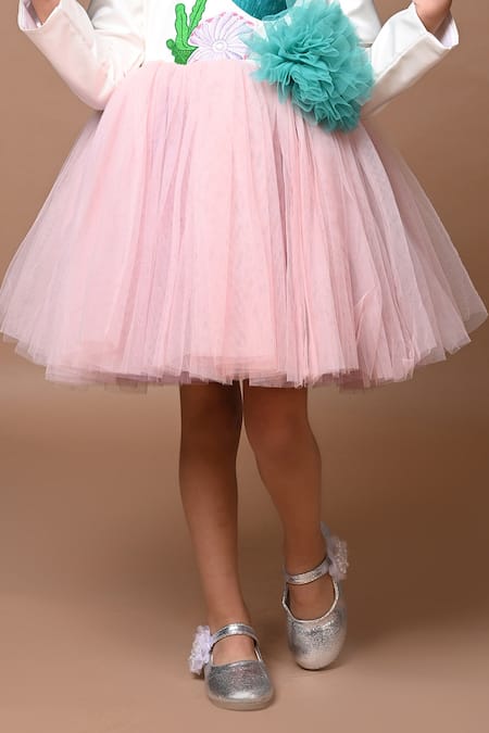 Hoity Moppet White Satin, Tulle Tassels, Pom-poms Mermaid Embroidered Dress Online at Aza Fashions Hoity Moppet_White Satin, Tulle Tassels, Pom-poms Mermaid Embroidered Dress _Online_at_Aza_Fashions