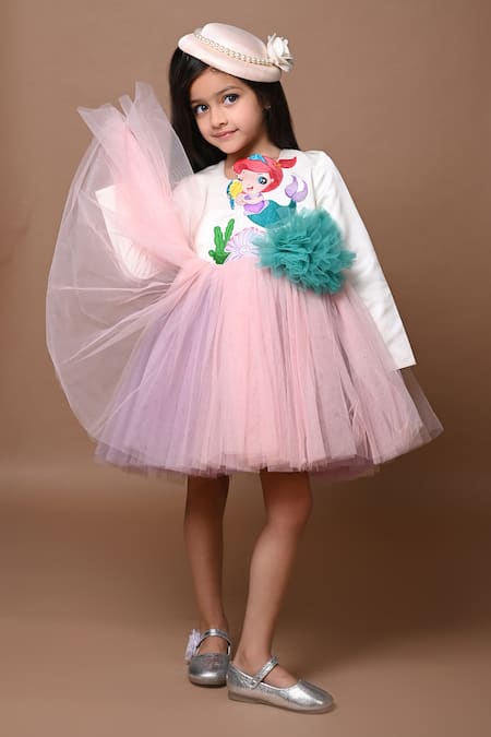 Buy Hoity Moppet White Satin, Tulle Tassels, Pom-poms Mermaid Embroidered Dress Online at Aza Fashions Buy_Hoity Moppet_White Satin, Tulle Tassels, Pom-poms Mermaid Embroidered Dress _Online_at_Aza_Fashions