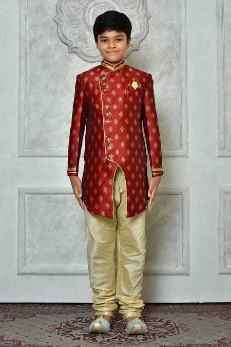 Buy_Petite Pomme_Red Jacquard, Denim, Silk Embroidery Floret Pattern Sherwani And Churidar Set _Online_at_Aza_Fashions