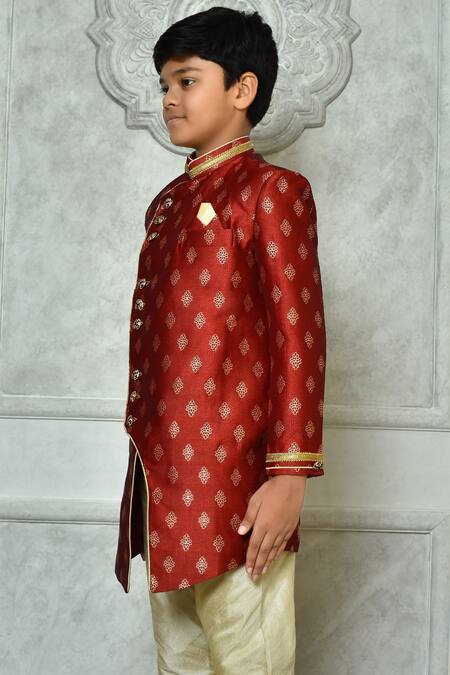 Buy_Petite Pomme_Red Jacquard Embroidery Floret Pattern Overlap Sherwani _Online_at_Aza_Fashions