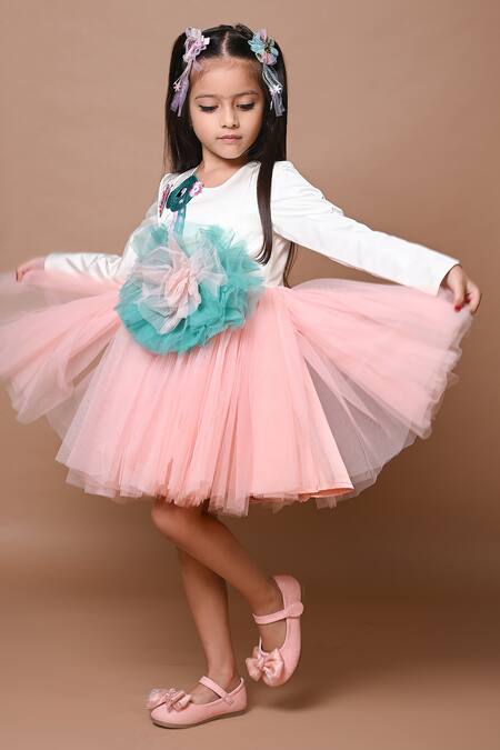 Hoity Moppet_White Satin, Tulle, Linen Embroidery, Ruffles Dino-mite Dress _Online_at_Aza_Fashions