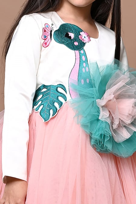 Buy_Hoity Moppet_White Satin, Tulle, Linen Embroidery, Ruffles Dino-mite Dress _Online_at_Aza_Fashions