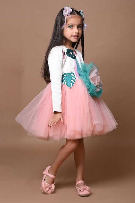 Shop_Hoity Moppet_White Satin, Tulle, Linen Embroidery, Ruffles Dino-mite Dress _Online_at_Aza_Fashions