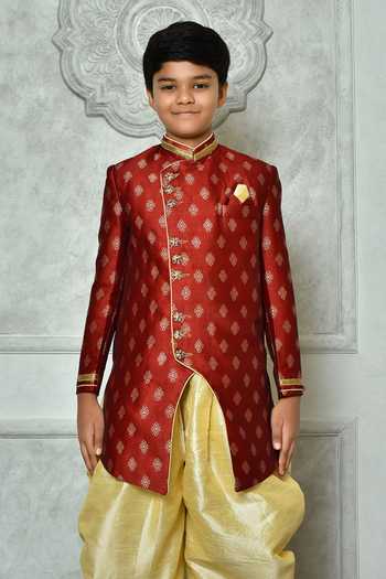Buy Petite Pomme Red Jacquard, Silk Embroidery Floret Pattern Overlap Sherwani Set Online at Aza Fashions Buy_Petite Pomme_Red Jacquard, Silk Embroidery Floret Pattern Overlap Sherwani Set _Online_at_Aza_Fashions