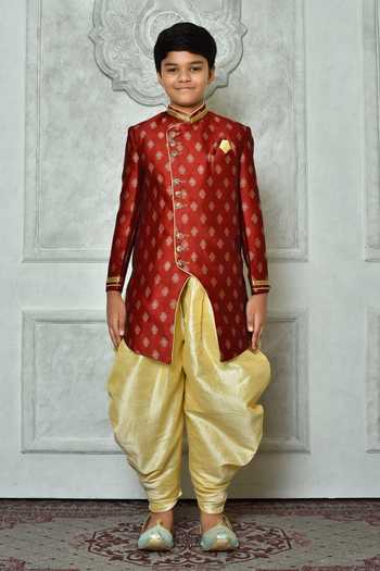 Shop_Petite Pomme_Red Jacquard, Silk Embroidery Floret Pattern Overlap Sherwani Set _Online_at_Aza_Fashions