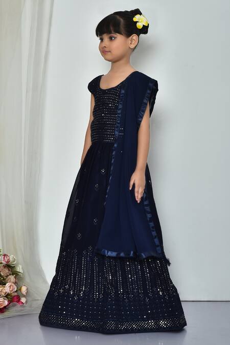 Shop_Petite Pomme_Blue Georgette Sequins Geometric Embroidered Lehenga Set_Online_at_Aza_Fashions