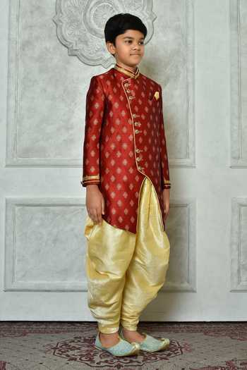 Petite Pomme_Red Jacquard, Silk Embroidery Floret Pattern Overlap Sherwani Set _at_Aza_Fashions