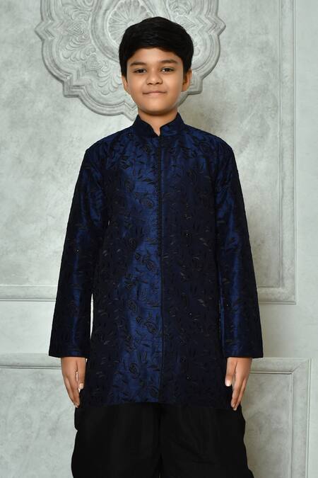 Shop Petite Pomme Blue Silk Embroidery Thread Work Kurta And Patiala Pant Set Online at Aza Fashions Shop_Petite Pomme_Blue Silk Embroidery Thread Work Kurta And Patiala Pant Set _Online_at_Aza_Fashions