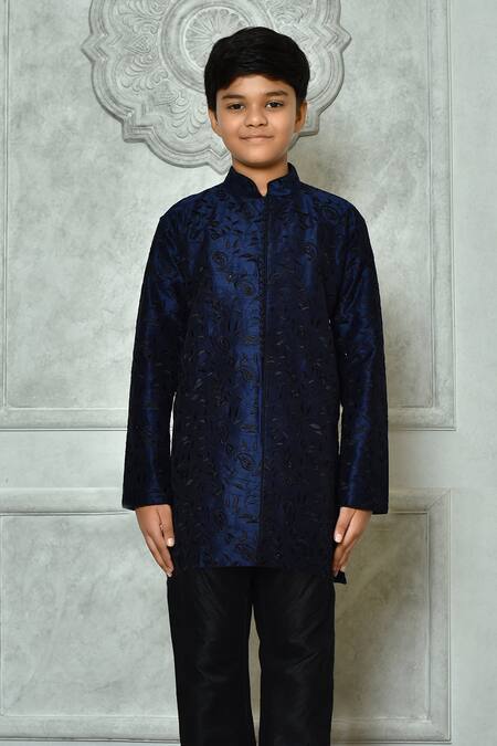 Petite Pomme_Blue Silk Embroidery Paisley Kurta _Online_at_Aza_Fashions