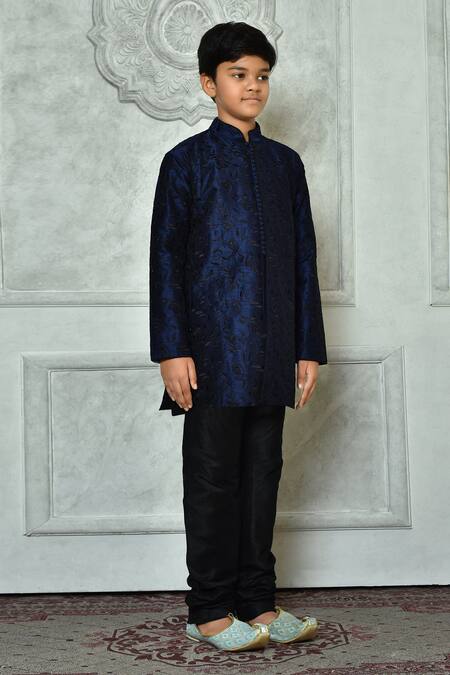 Petite Pomme_Blue Silk Embroidery Paisley Kurta _at_Aza_Fashions