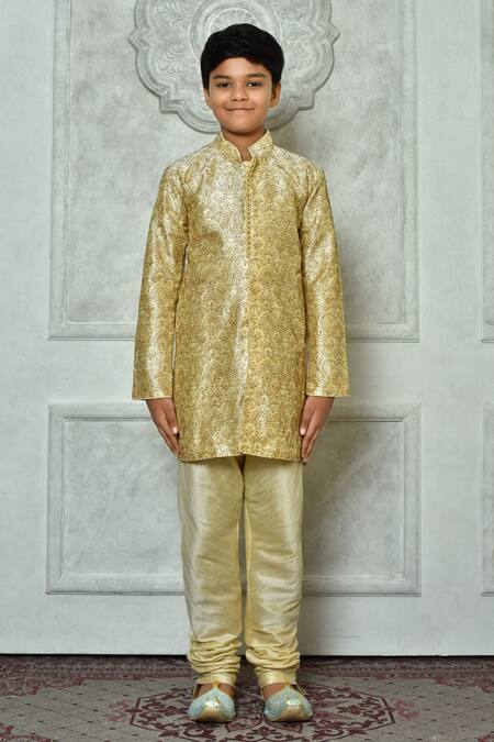 Shop_Petite Pomme_Beige Silk Embroidery Paisley Kurta And Churidar Set _Online_at_Aza_Fashions