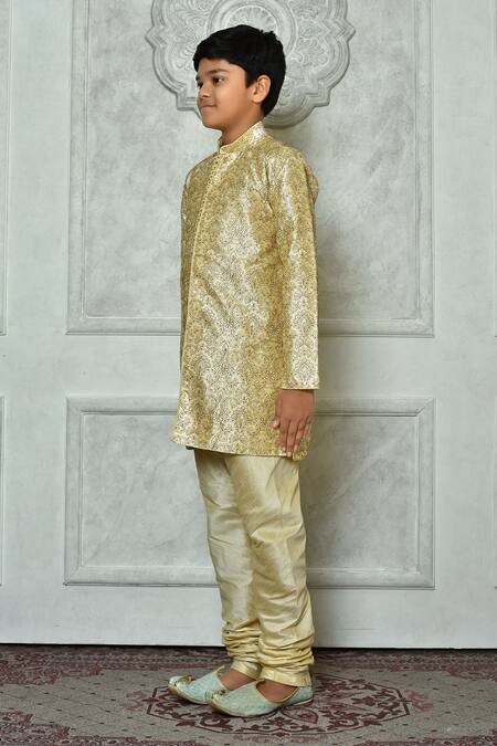 Petite Pomme_Beige Silk Embroidery Paisley Kurta And Churidar Set _at_Aza_Fashions