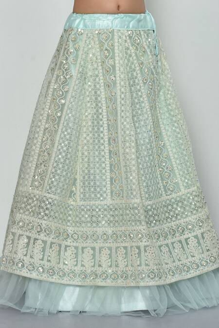 Petite Pomme_Green Net Sequins, Embroidery, Tassels Lucknowi Lehenga Set_at_Aza_Fashions